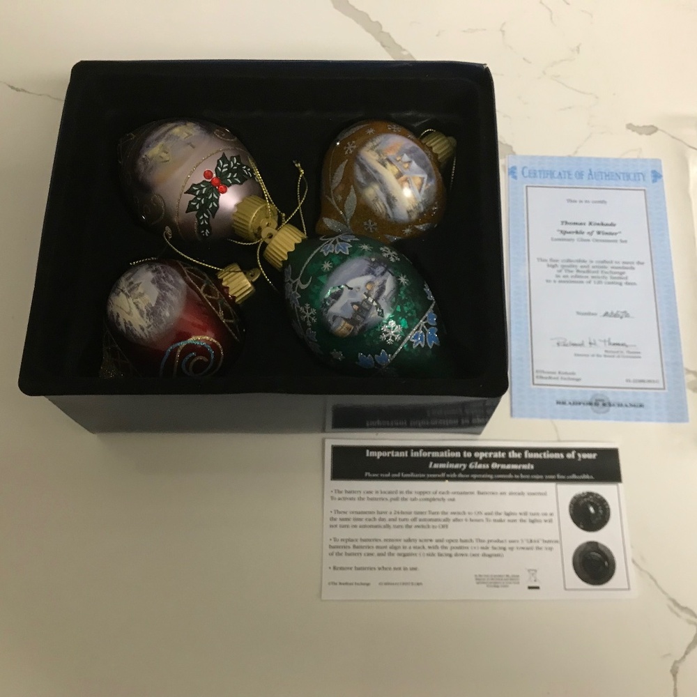 Thomas Kinkade 4 Glass Christmas Luminary Ornaments “The Sparkle of Winter”